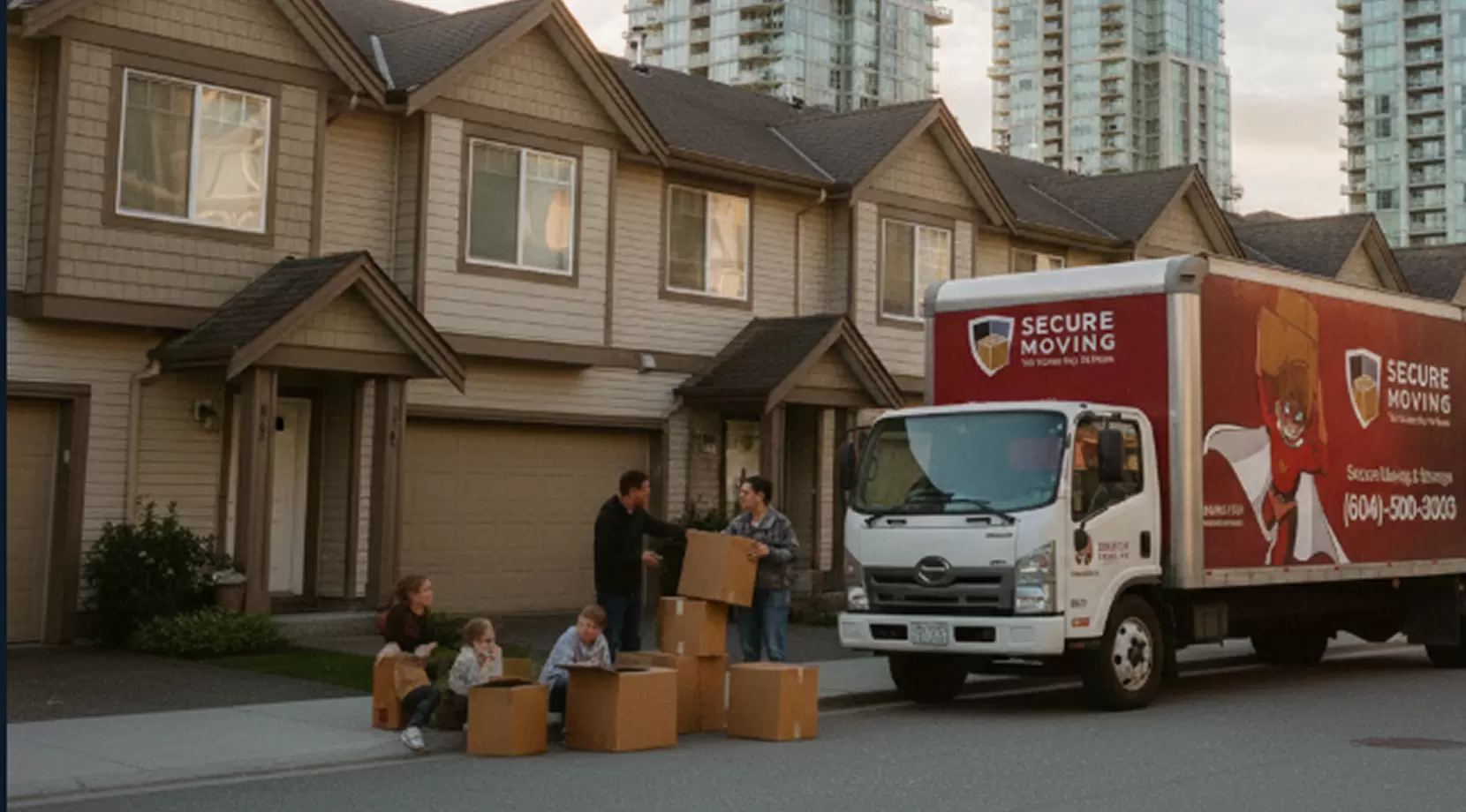 Family unloading boxes beside a Secure Moving truck outside townhomes — a warm look at the best neighborhoods in Richmond for families.