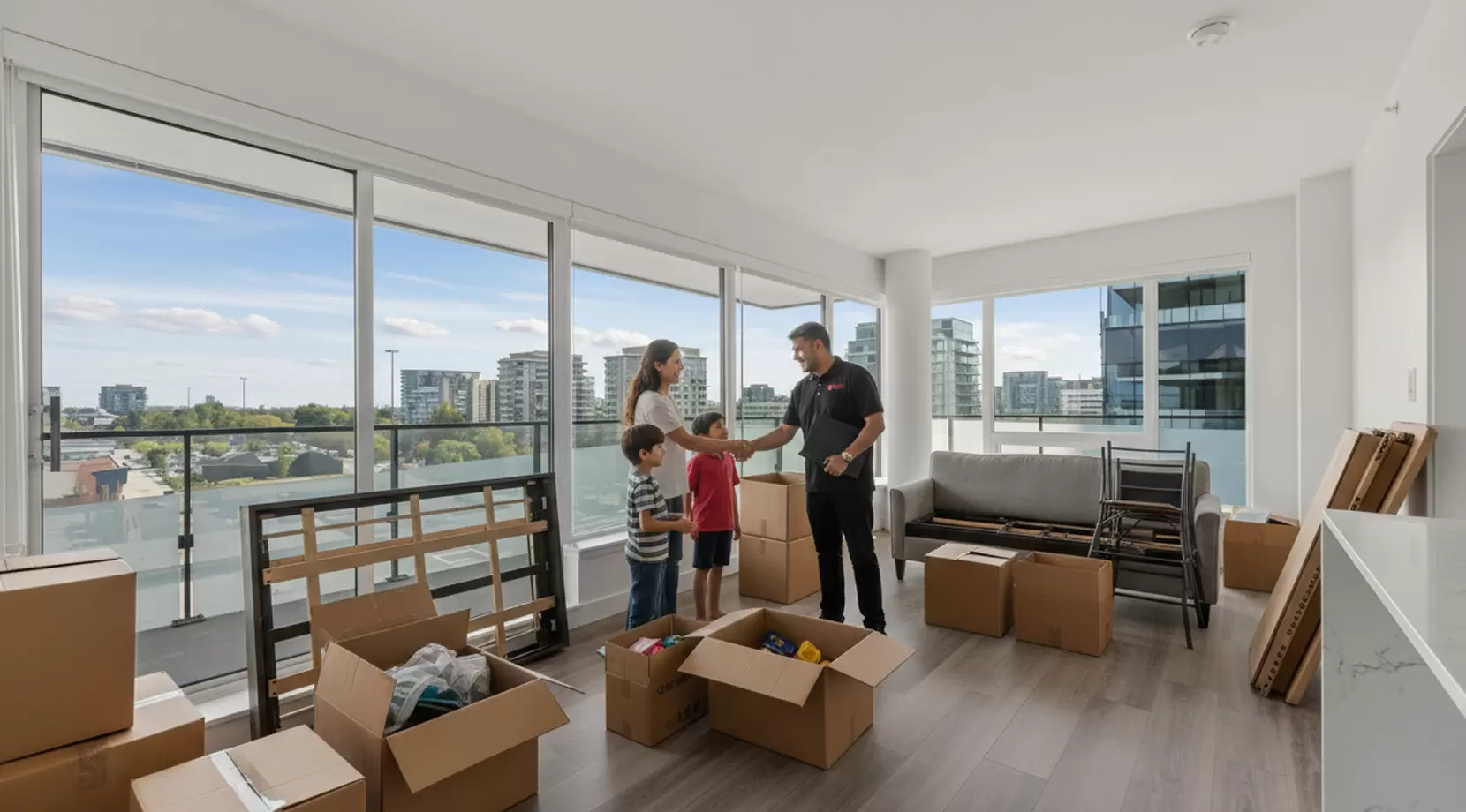 New residents shaking hands with a mover in a bright condo with skyline views, reflecting convenient Richmond neighborhoods near transit that suit families.