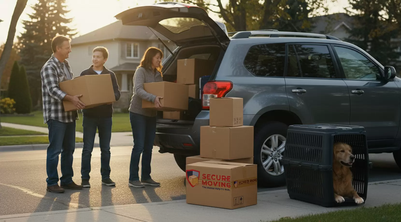 Family loading the car with boxes while a crated pup waits — how to move with a dog and keep routine steady during packing with dogs.