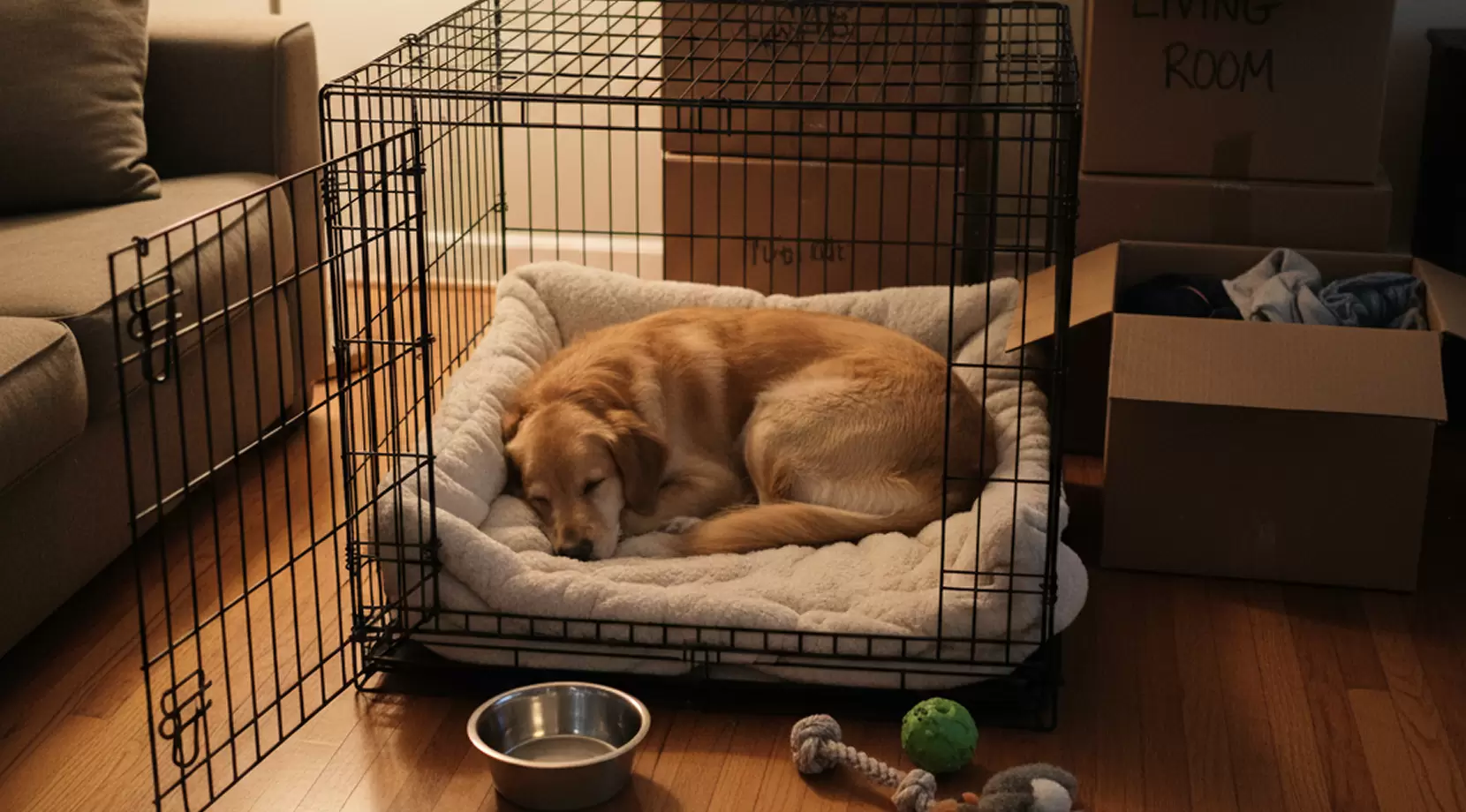 Cozy crate with toys and water beside moving boxes — keep dog calm during move and ease dog anxiety moving.