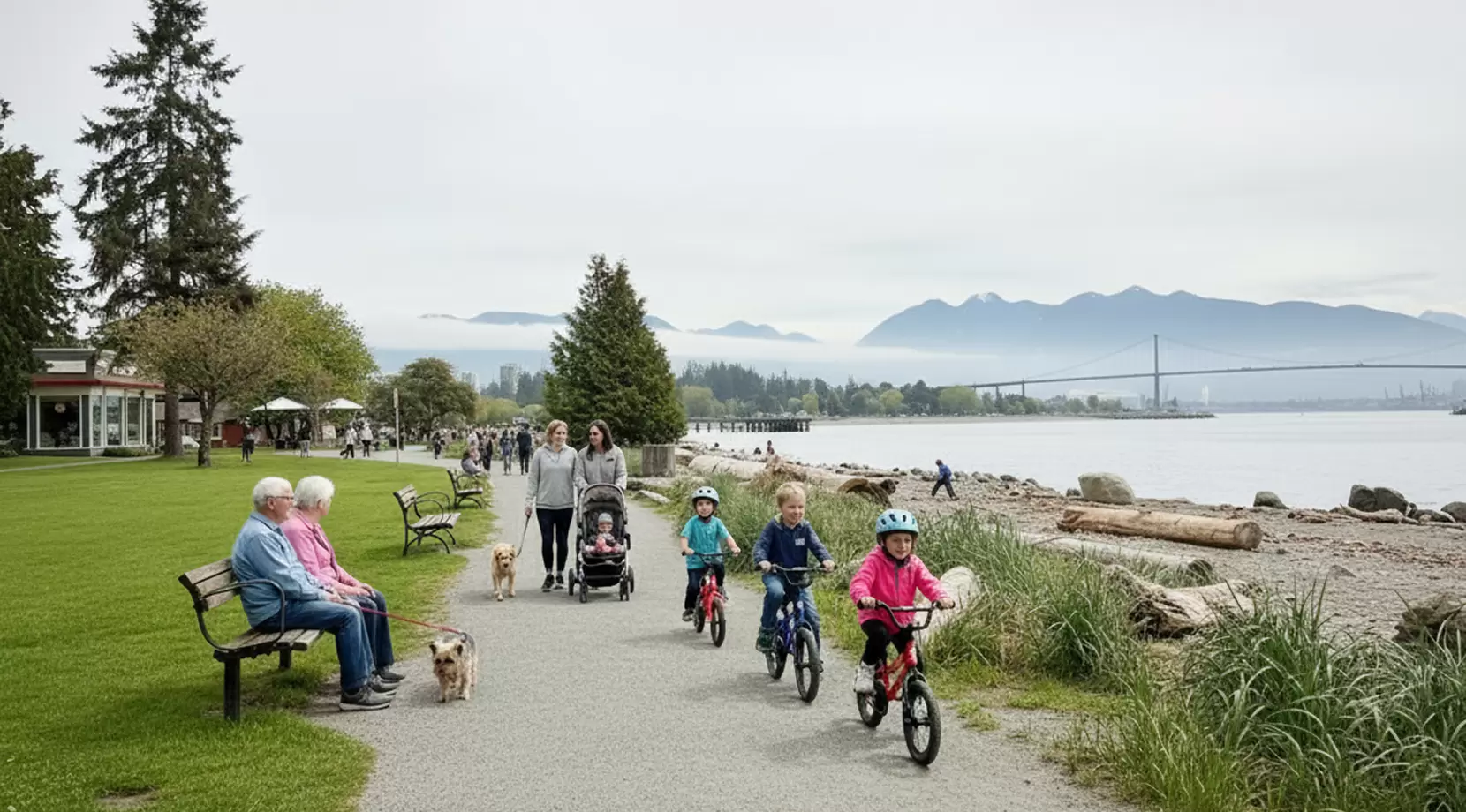 Seawall path with families biking and strolling by the water near Lions Gate Bridge, highlighting getting around West Vancouver and family-friendly safety.