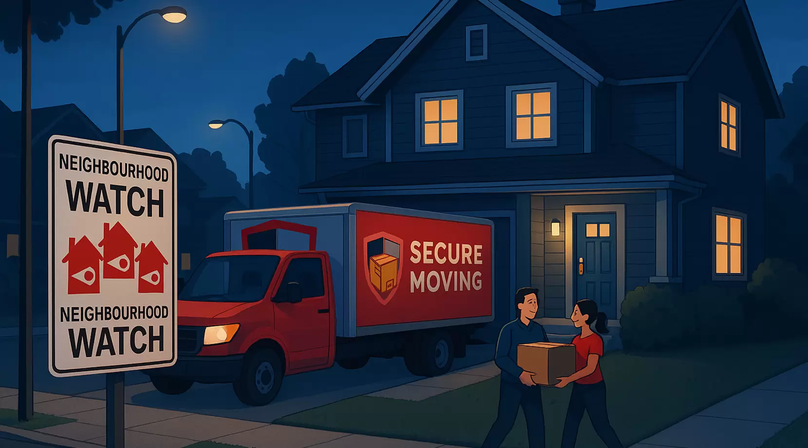 Neighbourhood Watch sign and Secure Moving truck outside a lit house at night, showing community vigilance and Safety in West Vancouver for new arrivals.