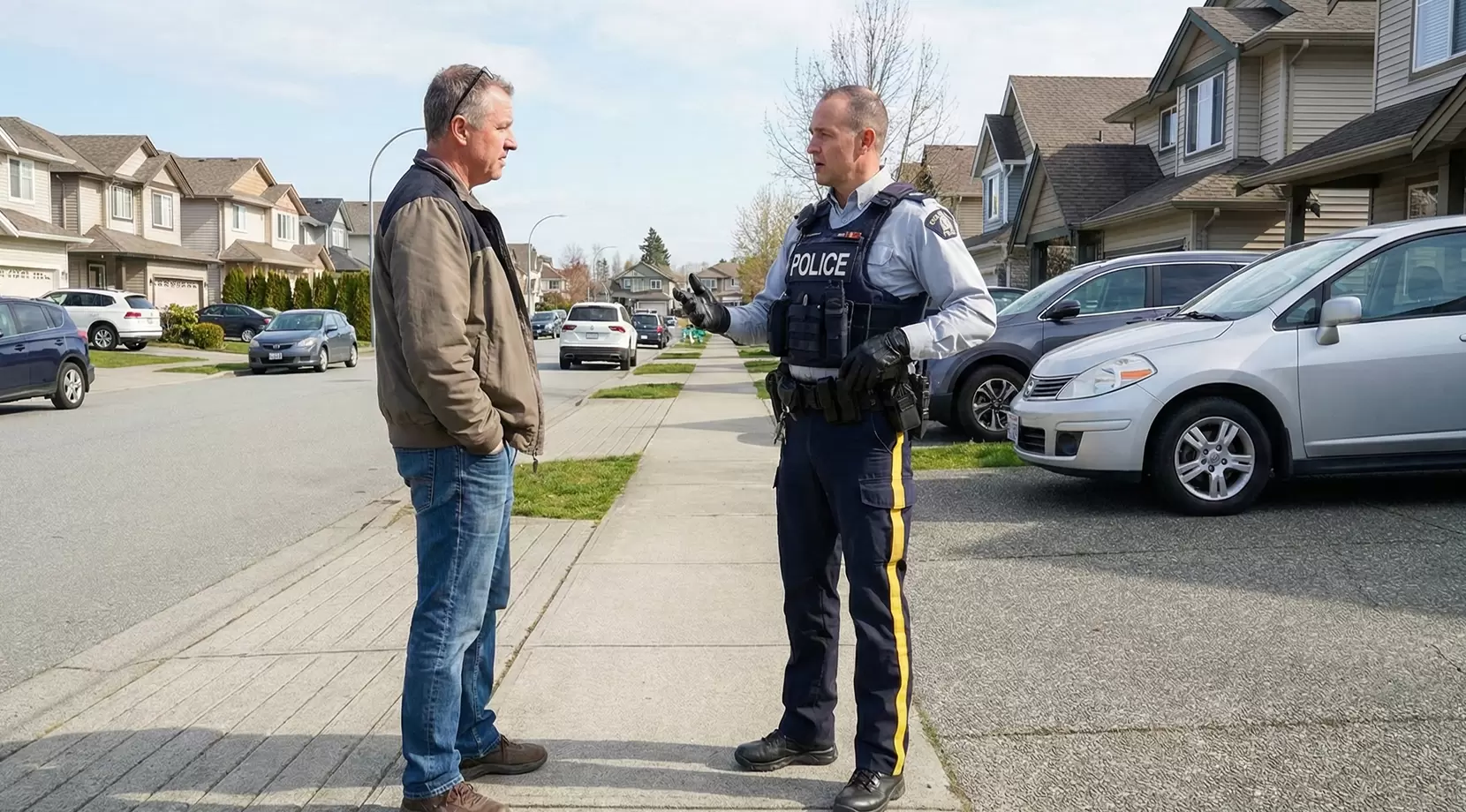 RCMP officer with resident on suburban sidewalk, visual cue for is Chilliwack safe, local policing, and crime rate in Chilliwack conversations.