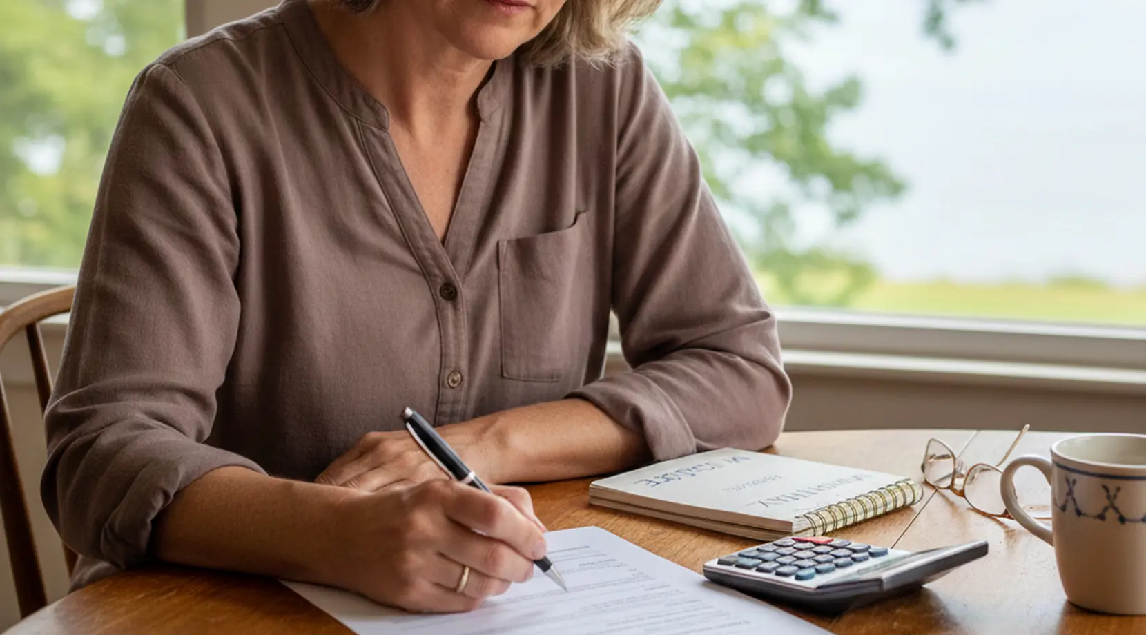 Budget paperwork and calculator estimating living expenses in West Vancouver, including utilities, groceries, and property tax West Vancouver.