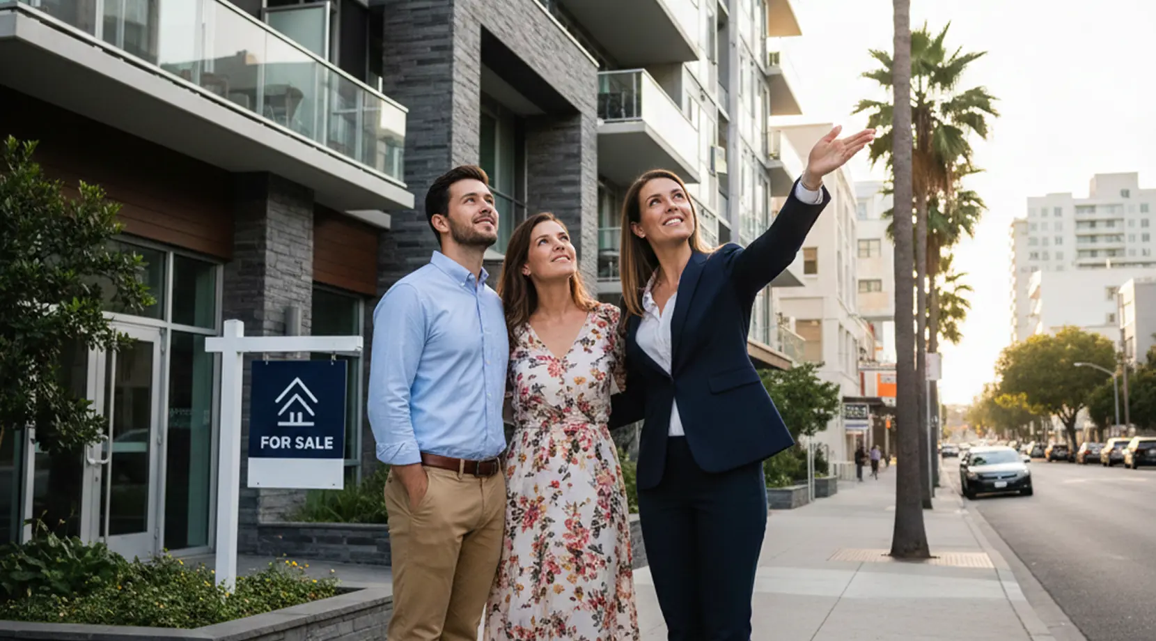 Realtor touring condos with buyers, checking the average cost to live in West Vancouver and neighborhood prices.