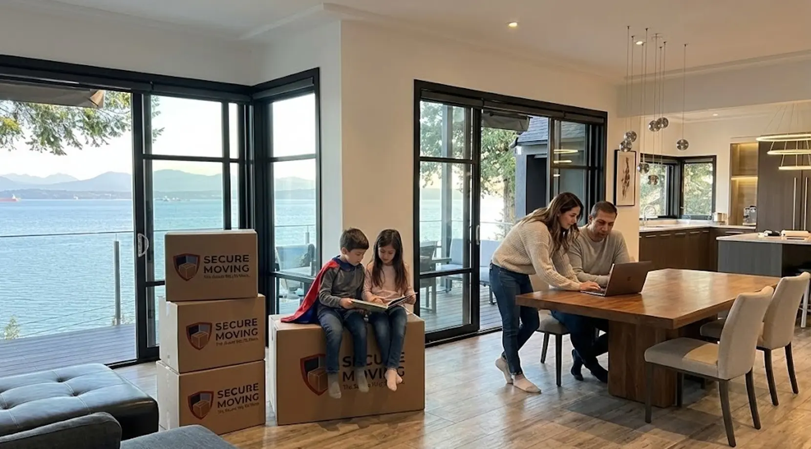 Family unpacking in a waterfront home, discussing the Cost of Living in West Vancouver while budgeting after a move.