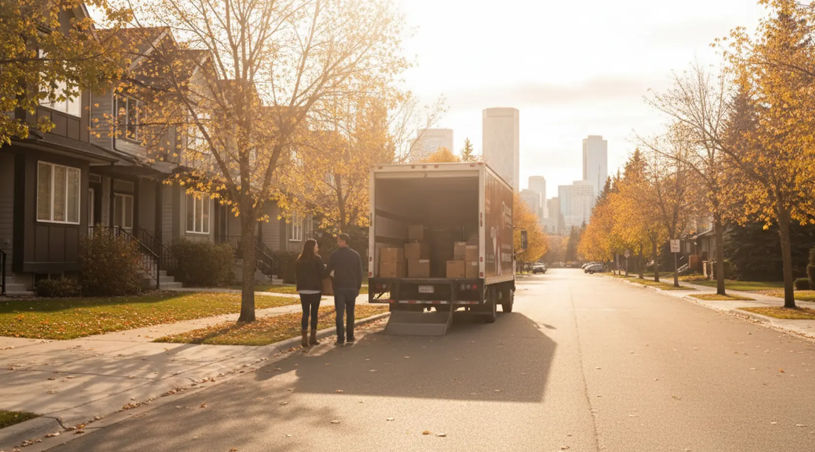 Couple with moving truck on tree-lined Calgary street at sunset; visual guide for moving to Calgary, relocating to Calgary, and planning a neighborhood move.