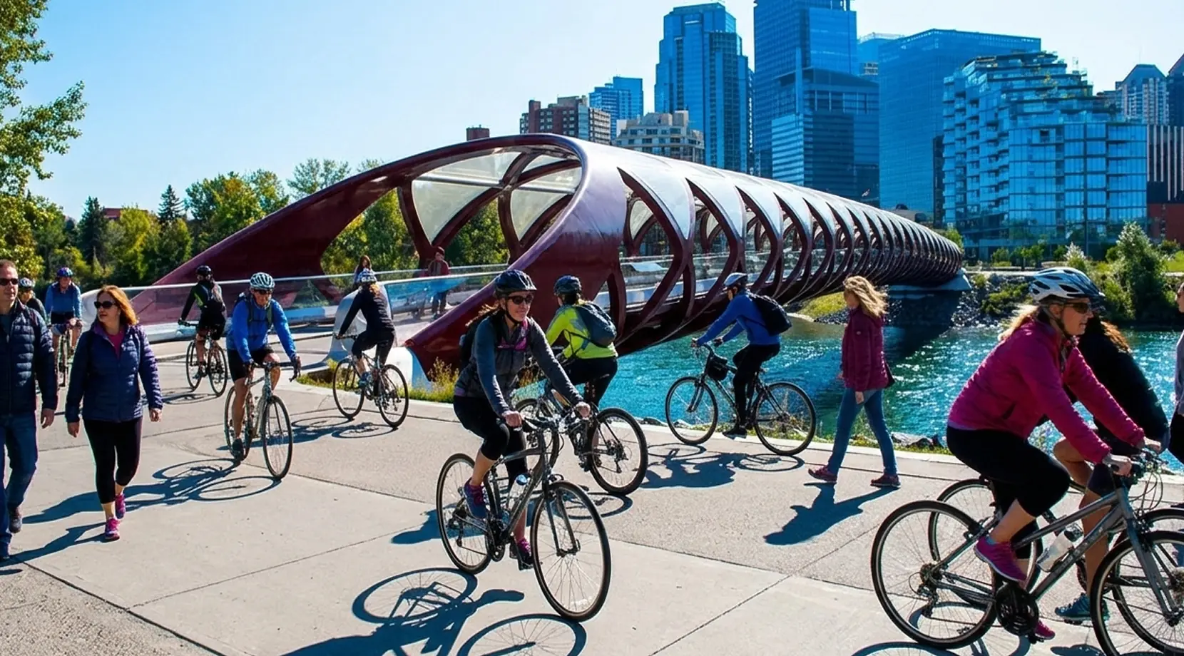 Cyclists on Calgary’s Peace Bridge with downtown skyline; outdoor lifestyle snapshot for people moving to Calgary and weighing life in Calgary, Alberta.