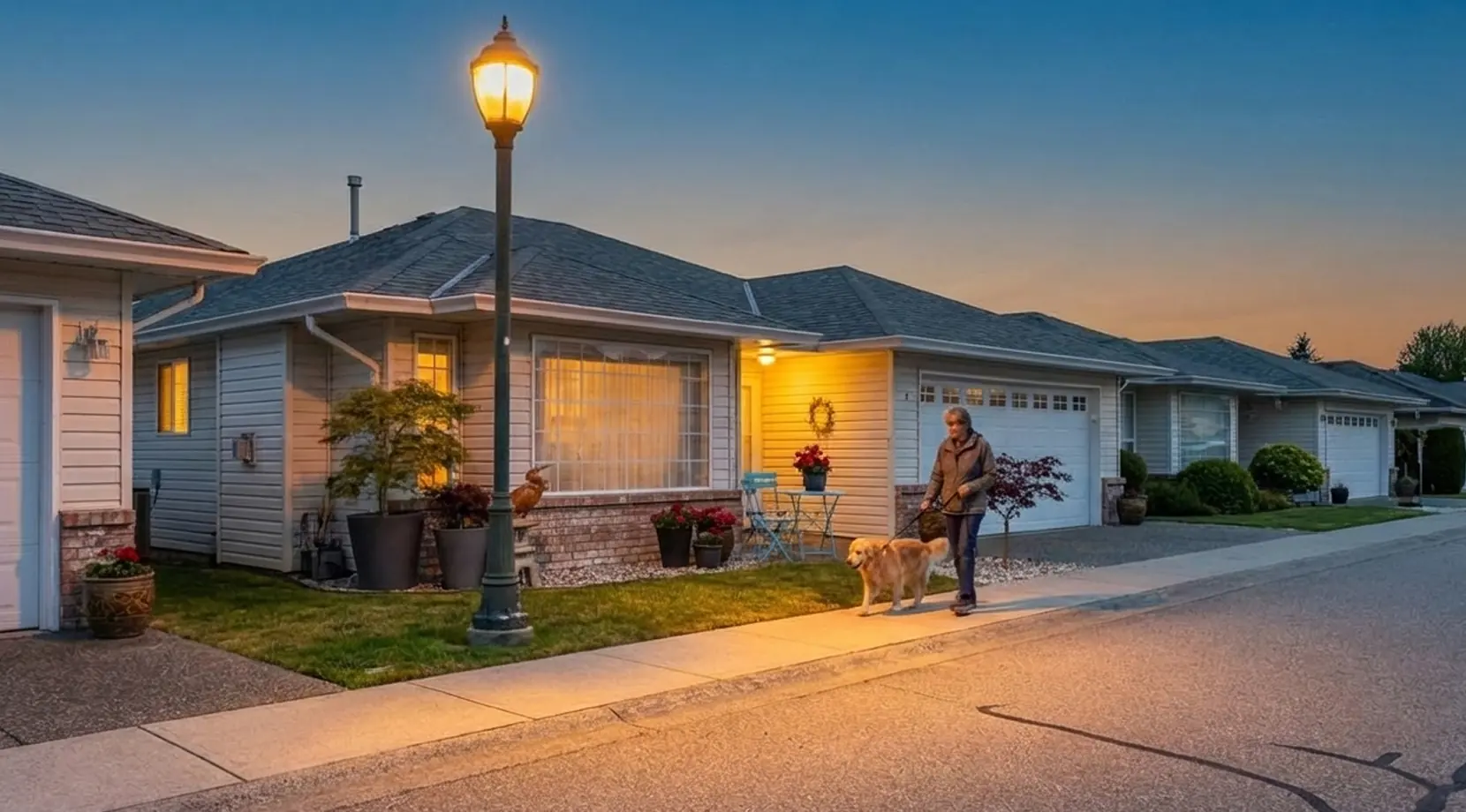 Evening dog walk on a safe, well-lit street in one of the most affordable neighbourhoods in Chilliwack, part of the Best neighbourhoods in Chilliwack lifestyle.