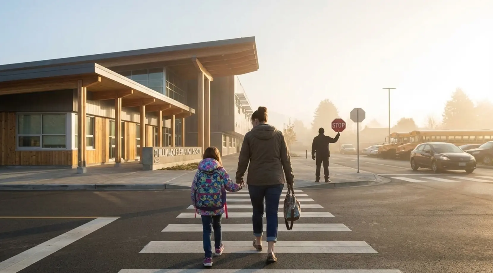 Parent and child at crosswalk outside modern school, showing Chilliwack neighbourhoods with best schools in the Best neighbourhoods in Chilliwack for families.