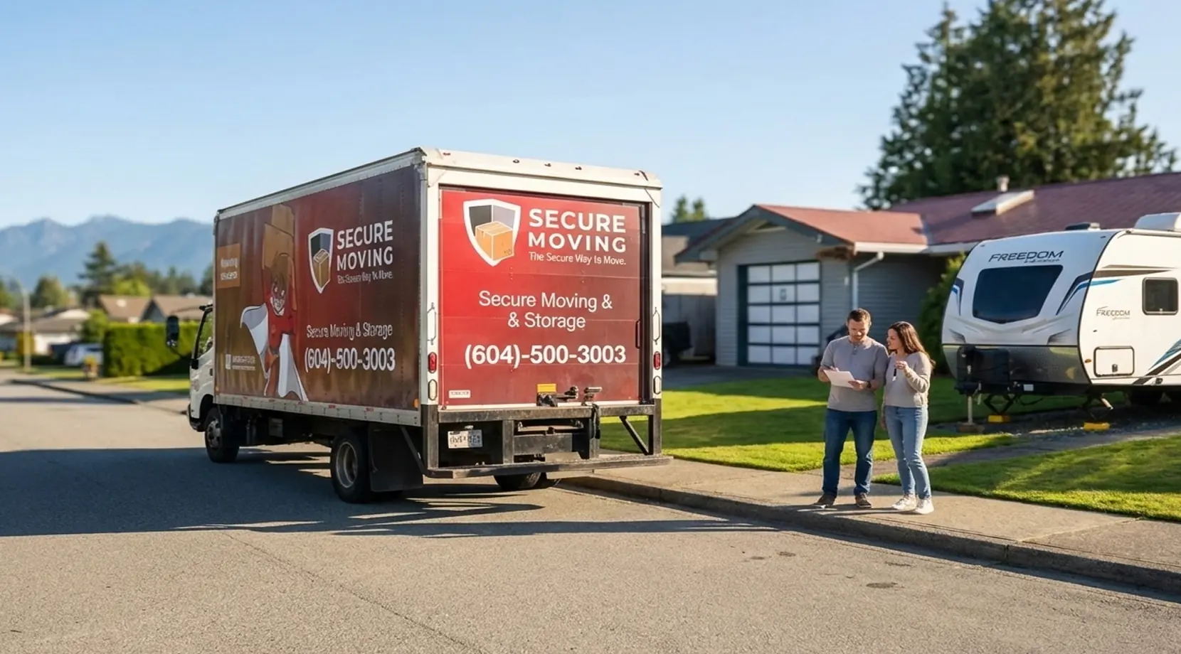 Secure Moving truck outside quiet suburb; couple planning distance to downtown Chilliwack by neighbourhood, highlighting Best neighbourhoods in Chilliwack for commuters and families.