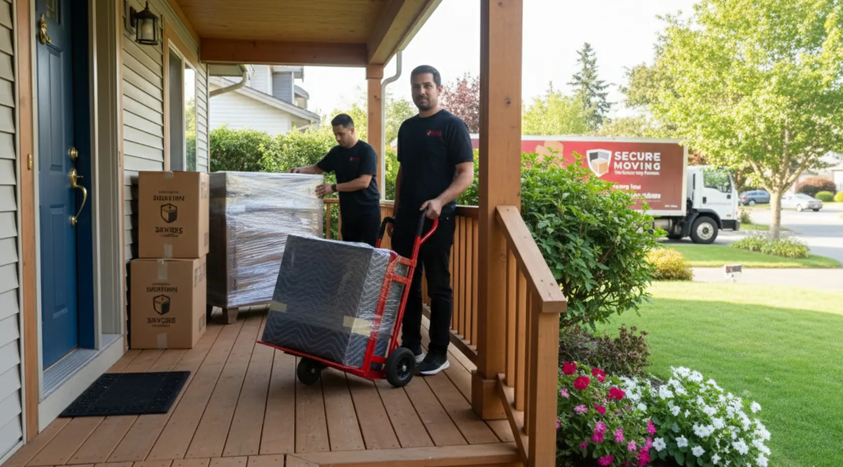 Moving company Vancouver to Toronto at work: Secure Moving crew rolls wrapped furniture from porch to truck, Vancouver to Toronto moving services for relocation to Toronto.