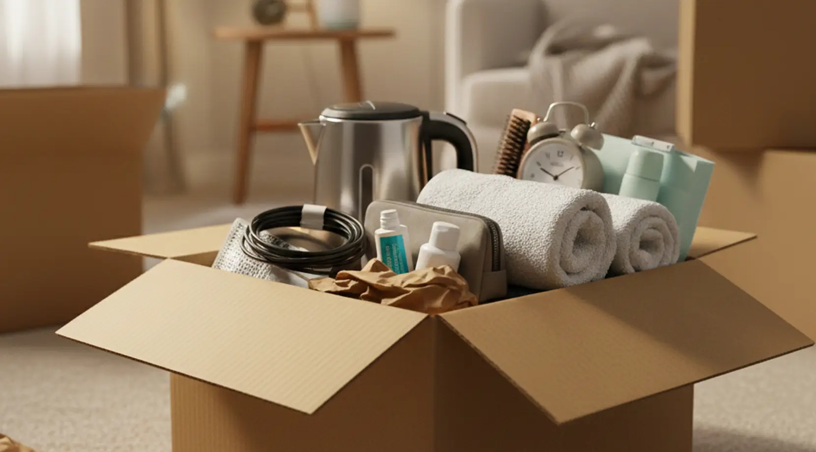 Moving checklist Vancouver to Toronto: open essentials box with towels, toiletries, cables, kettle, and alarm clock for the first night after relocating from Vancouver to Toronto.