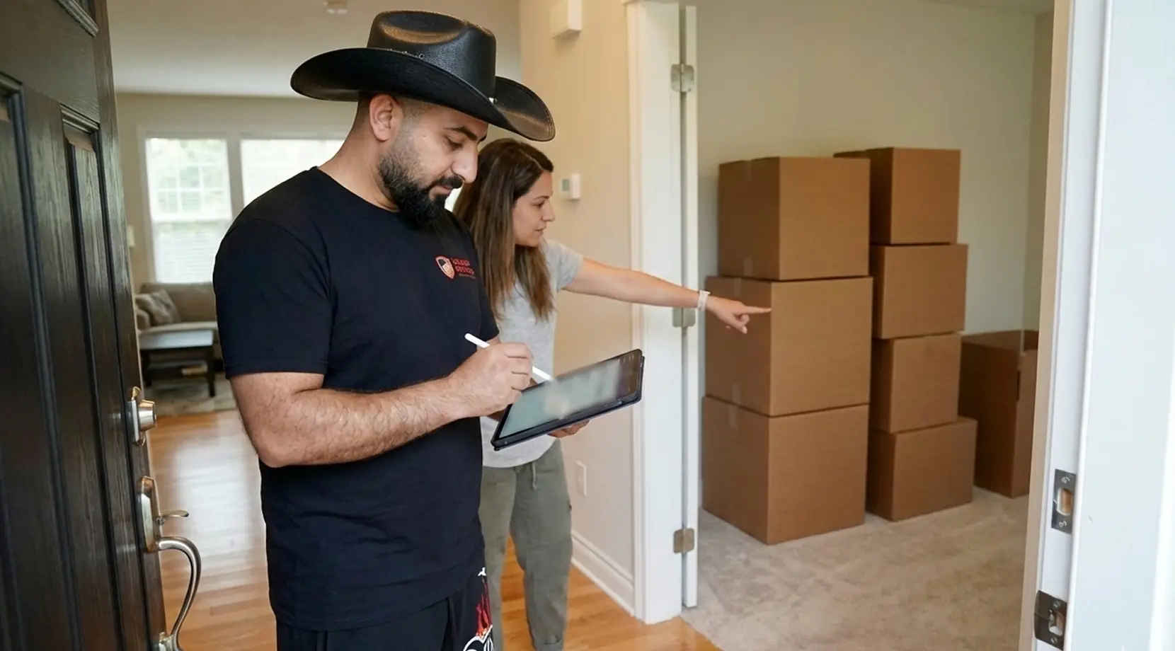 Estimator notes boxes during home survey; Cost of moving from Vancouver to Toronto quote being prepared using a Moving budget planner Vancouver to Toronto.