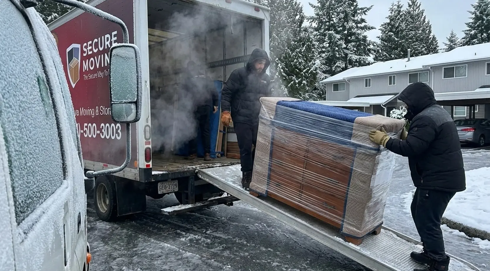 Crew loads wrapped dresser on icy ramp; Vancouver to Toronto moving cost factors include winter conditions and the Best time to move from Vancouver to Toronto cost-wise.