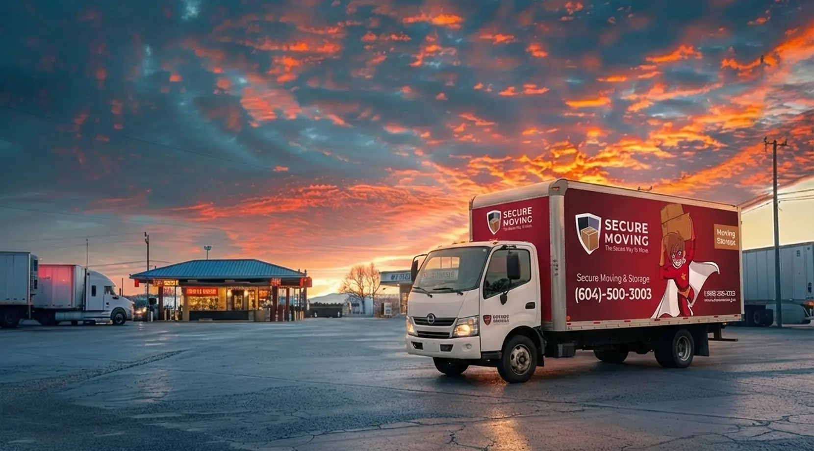 Secure Moving truck on cross-country route at dusk; Cost of moving from Vancouver to Toronto illustrated by fuel, distance, and Vancouver to Toronto moving cost logistics.
