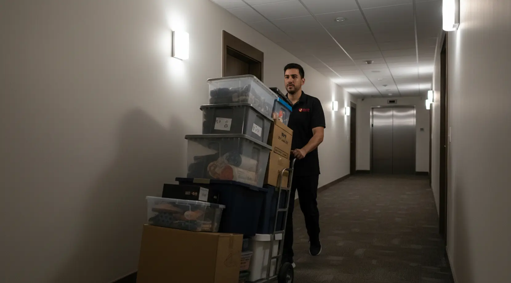 Apartment hallway move with bins stacked on dolly, showing the average cost of moving from Vancouver to Toronto for condo relocations and the Cheapest way to move.