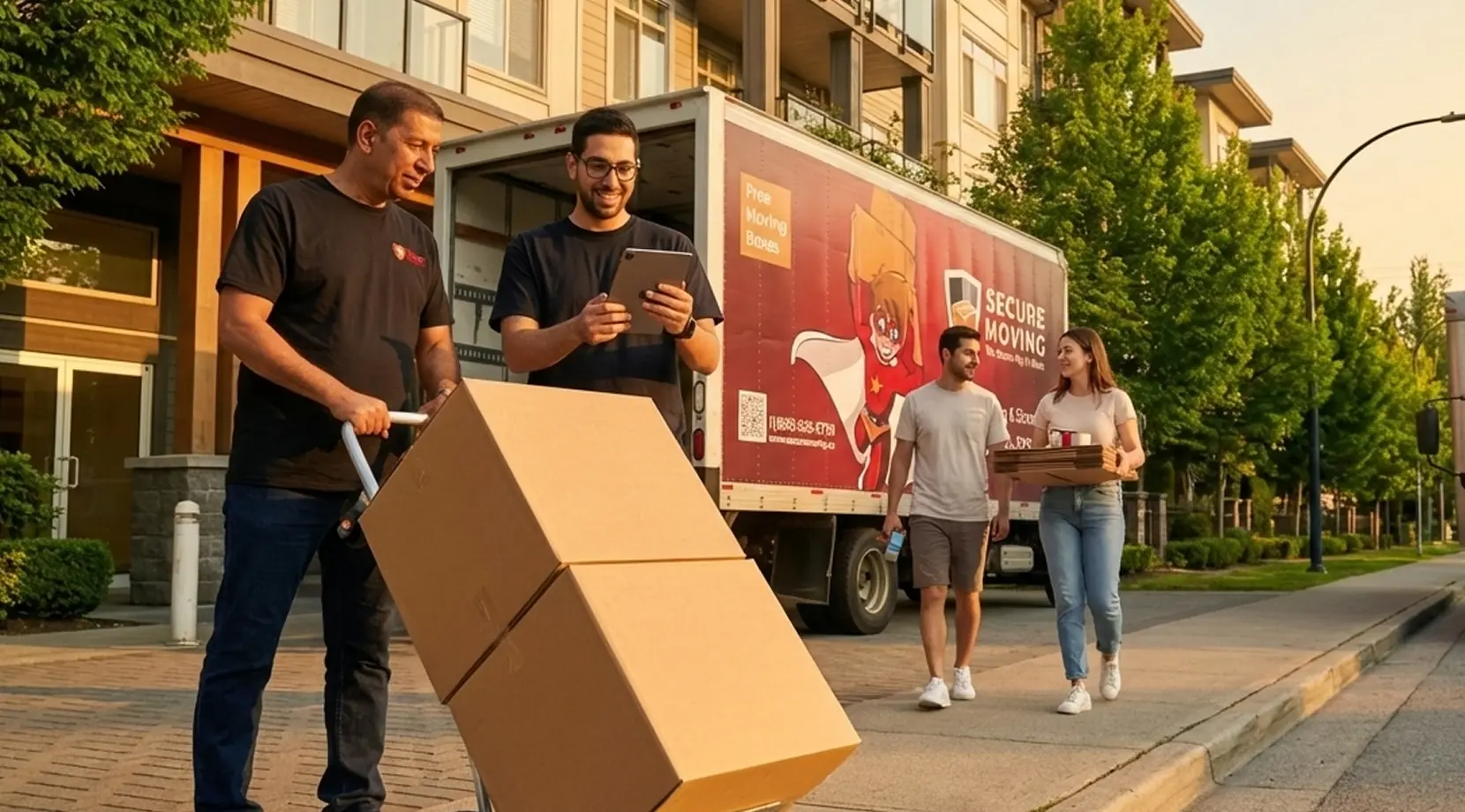 Surrey apartment move with Secure Moving crew and couple, reflecting Cost of living in Surrey, BC and living in Surrey BC advantages and disadvantages.