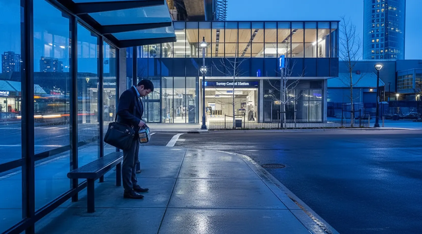 Commuter at Surrey Central Station bus stop at dawn, highlighting Cost of living in Surrey, BC and is Surrey expensive to live with transit costs.