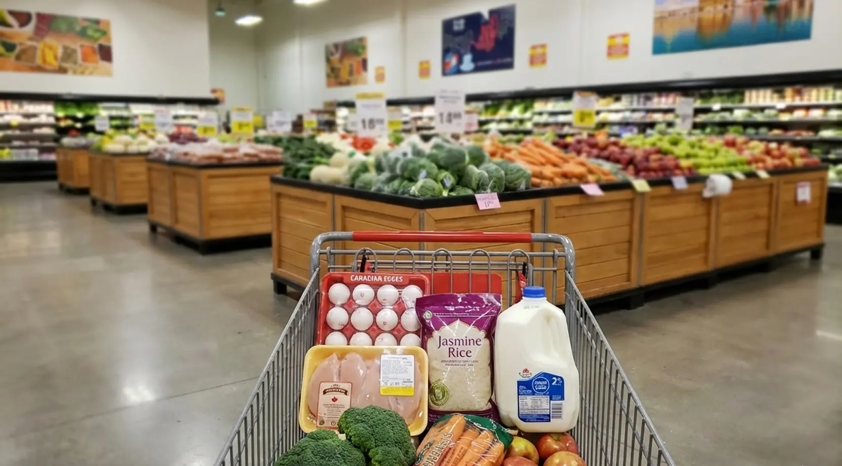 Grocery cart with eggs, milk, produce in Surrey supermarket, visualizing Cost of living in Surrey, BC food prices and average cost of living in Surrey BC.