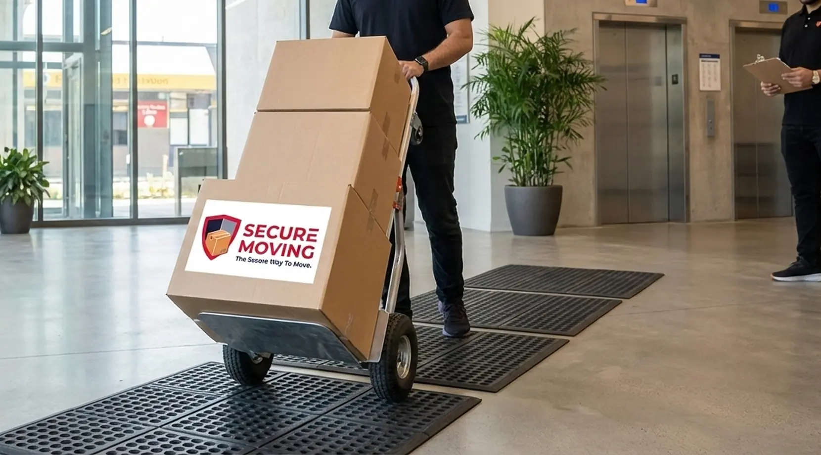 Office move in Surrey foyer with boxes and dolly, illustrating Cost of living in Surrey, BC and moving expenses.