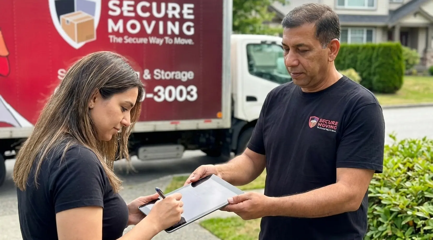 Customer signing a digital estimate beside a Secure Moving truck on a suburban street, highlighting Cost of moving in Vancouver and typical hourly moving rates Vancouver.