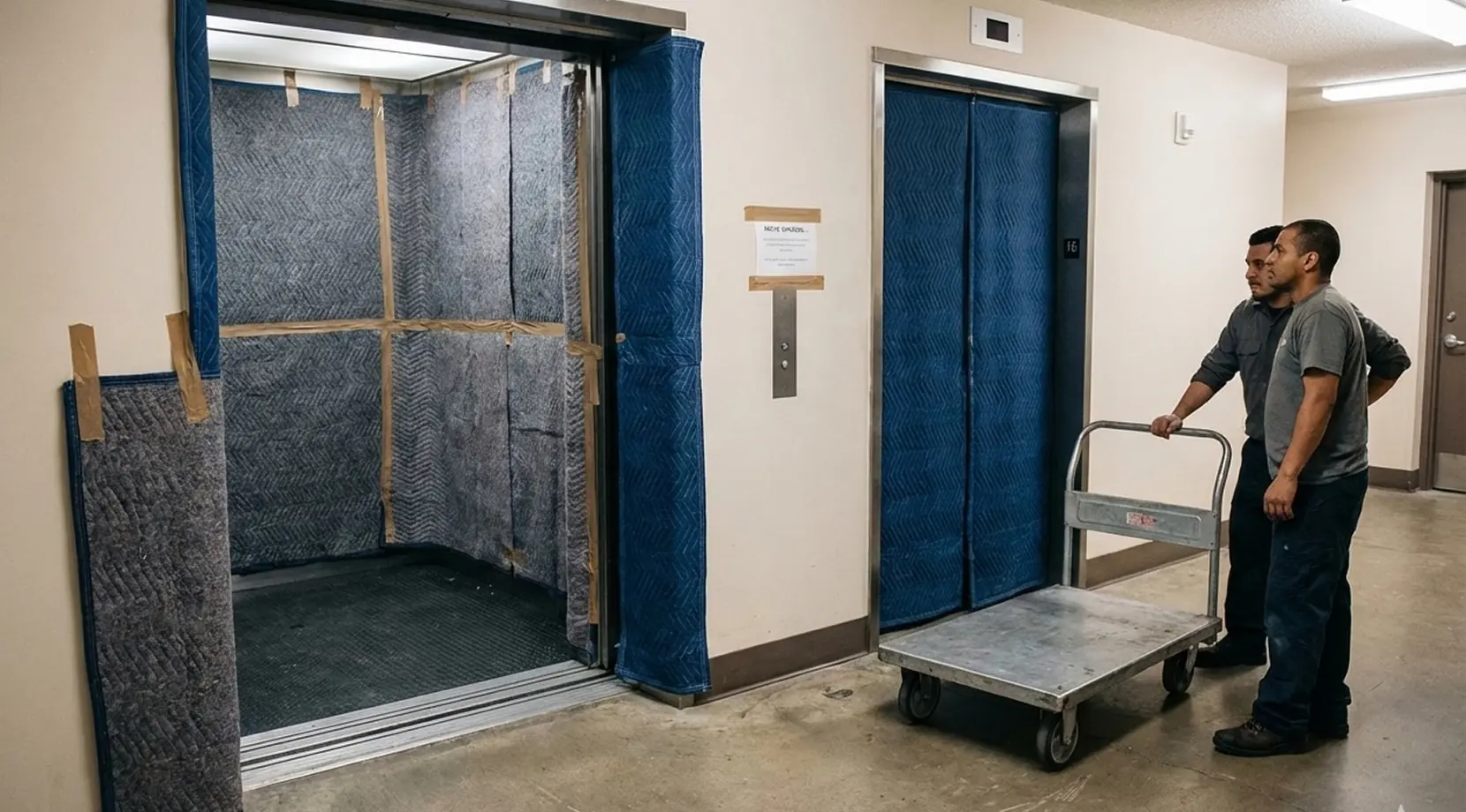 Padded service elevator with movers and a dolly, illustrating local moving cost Vancouver factors like elevator reservations, padding materials, and building move-in fees.