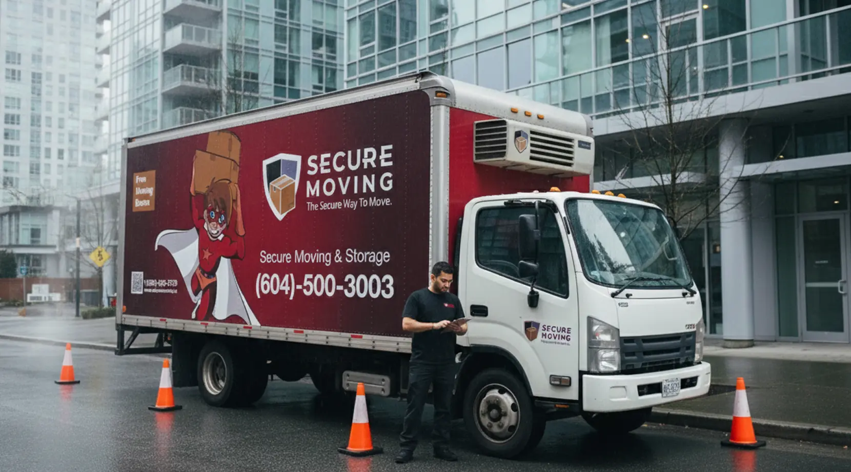 Secure Moving truck with cones outside a downtown high-rise, showing Moving Costs in Vancouver for condo moves—parking permits, elevator bookings, and travel time affecting Vancouver movers prices.