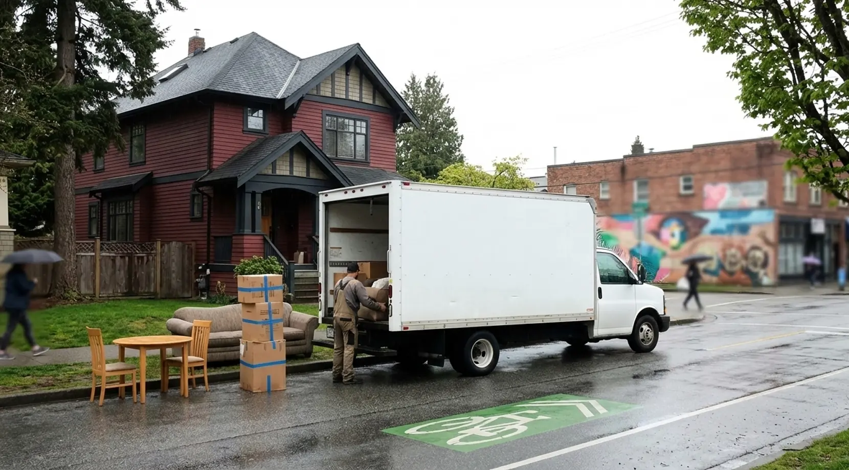 Rainy Vancouver street with movers loading a sofa and boxes into a truck outside a heritage house, illustrating Cost of moving in Vancouver and typical local moving cost Vancouver factors.