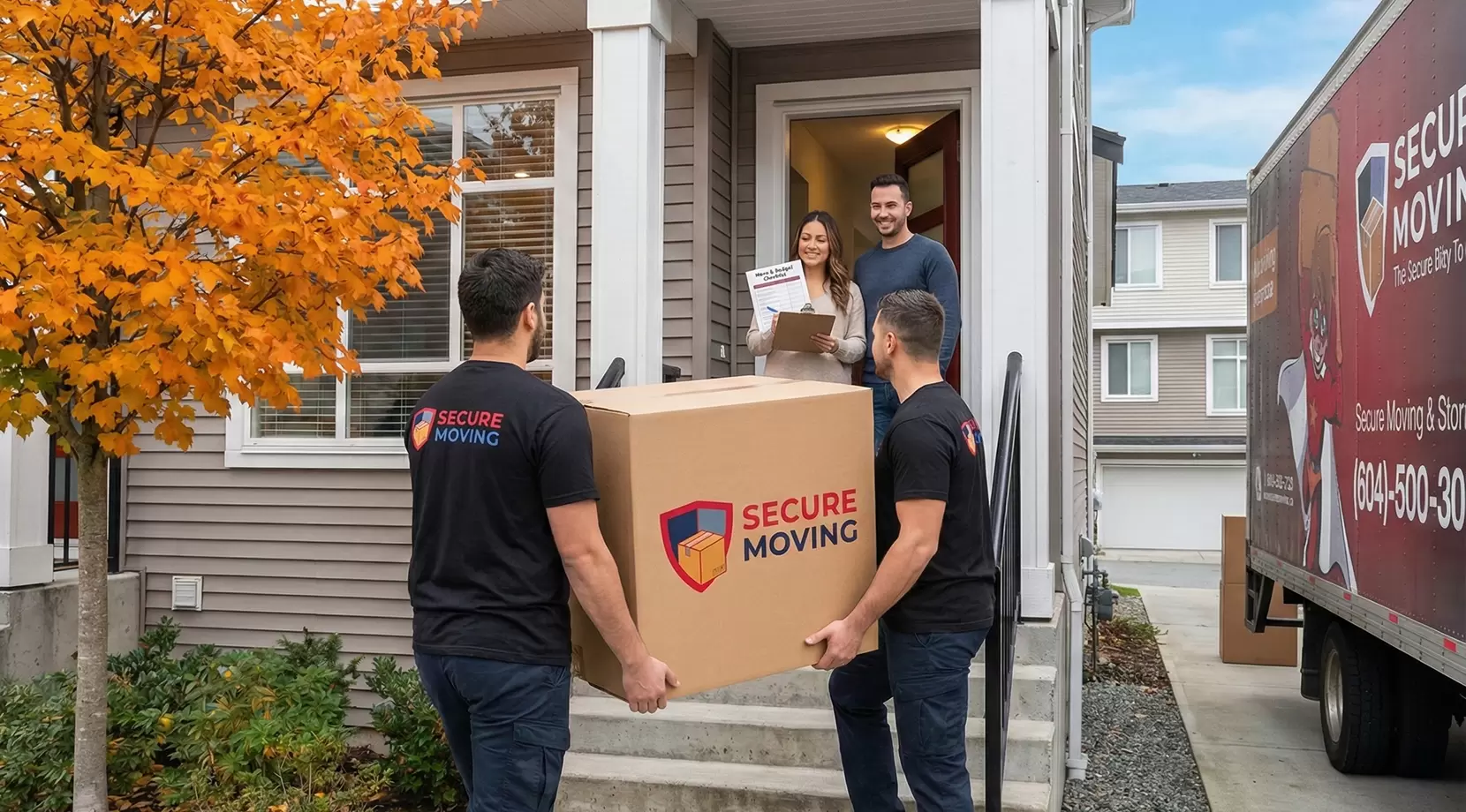 Movers unloading at a townhouse, Secure Moving truck visible; illustrates the cost of moving to Chilliwack and overall cost of living in Chilliwack for new residents.