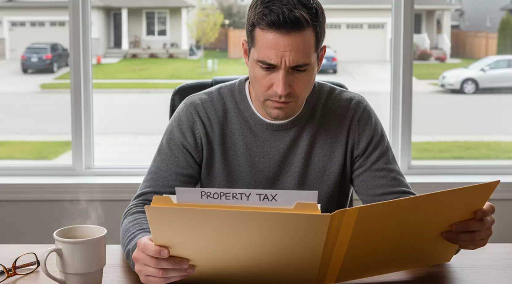 Homeowner reviewing property tax paperwork, calculator nearby; represents monthly expenses in Chilliwack and how average income in Chilliwack shapes the cost of living in Chilliwack.