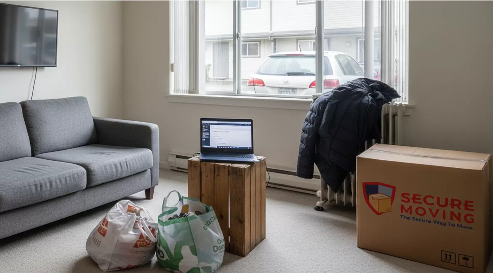 Minimal living room with laptop and Secure Moving box; first-night setup reflecting cost of living in Chilliwack for students and renters tracking monthly expenses in Chilliwack.