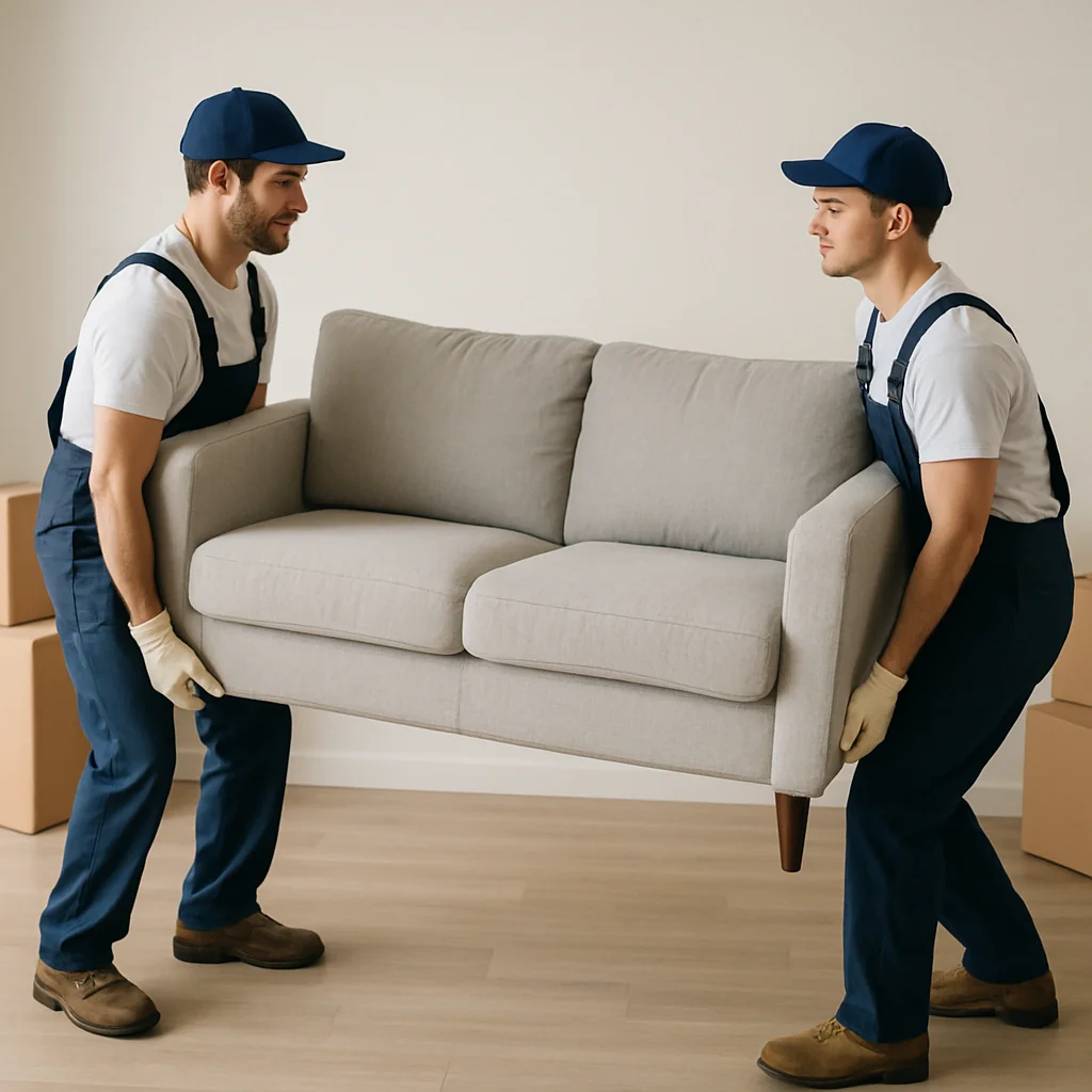 Professional movers handling a couch