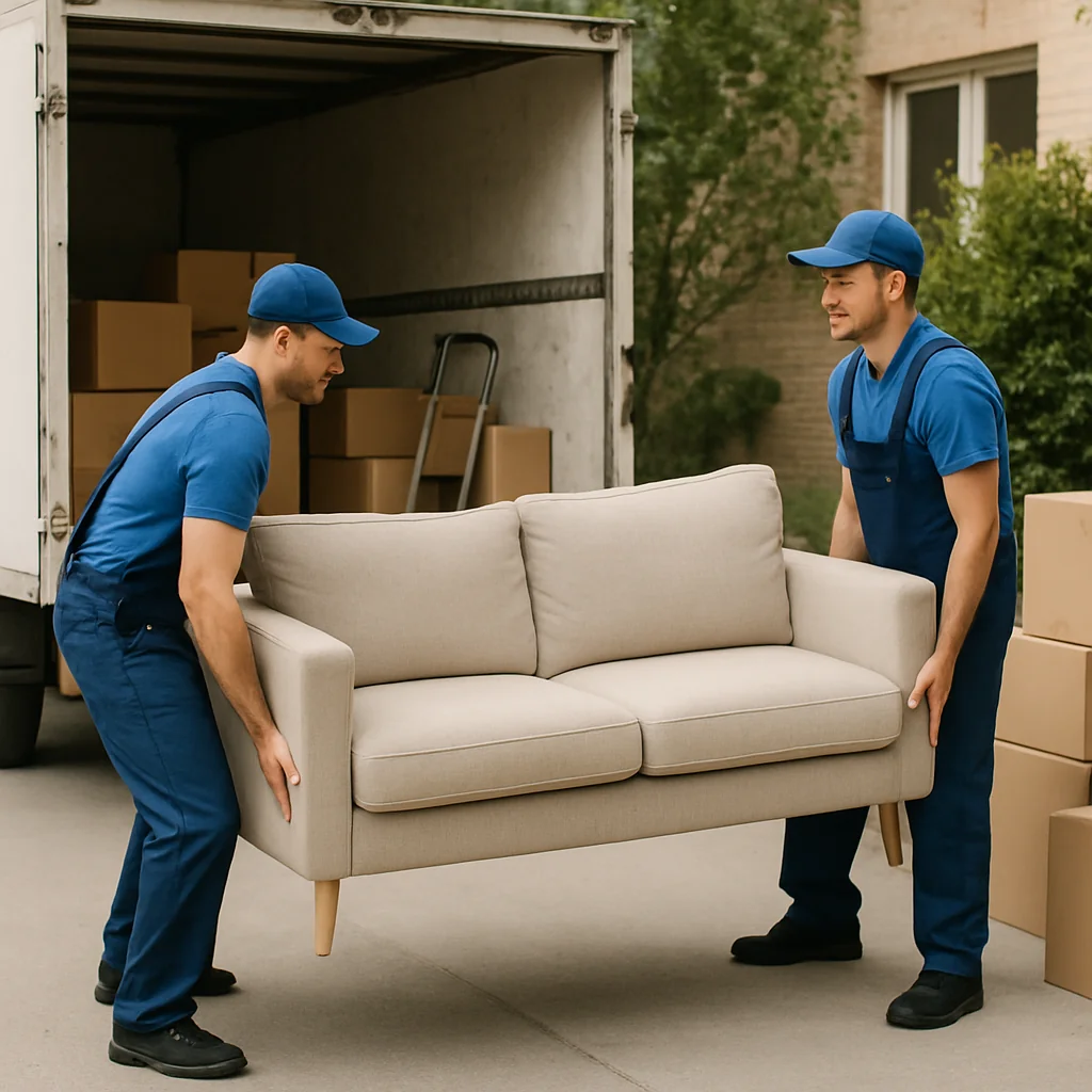 Movers loading a couch into a truck