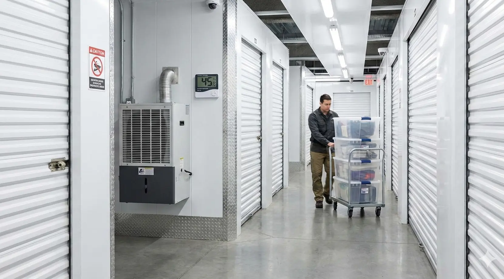 Bright storage hallway with roll-up doors and a cart of bins, a typical storage in vancouver bc unit setup.