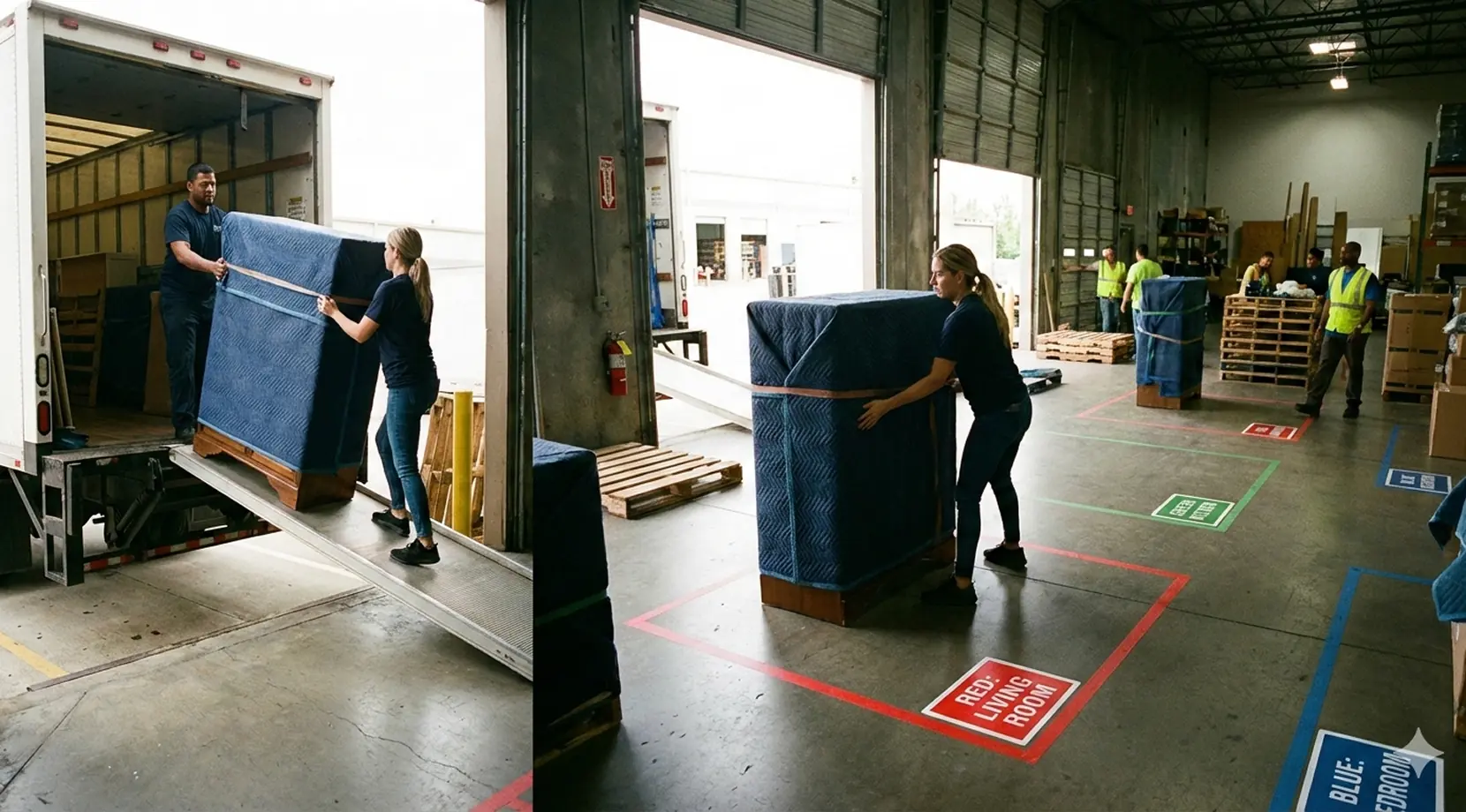 Staging area with wrapped furniture and labeled zones, useful context for the cost of storage in vancouver and how items are organized.