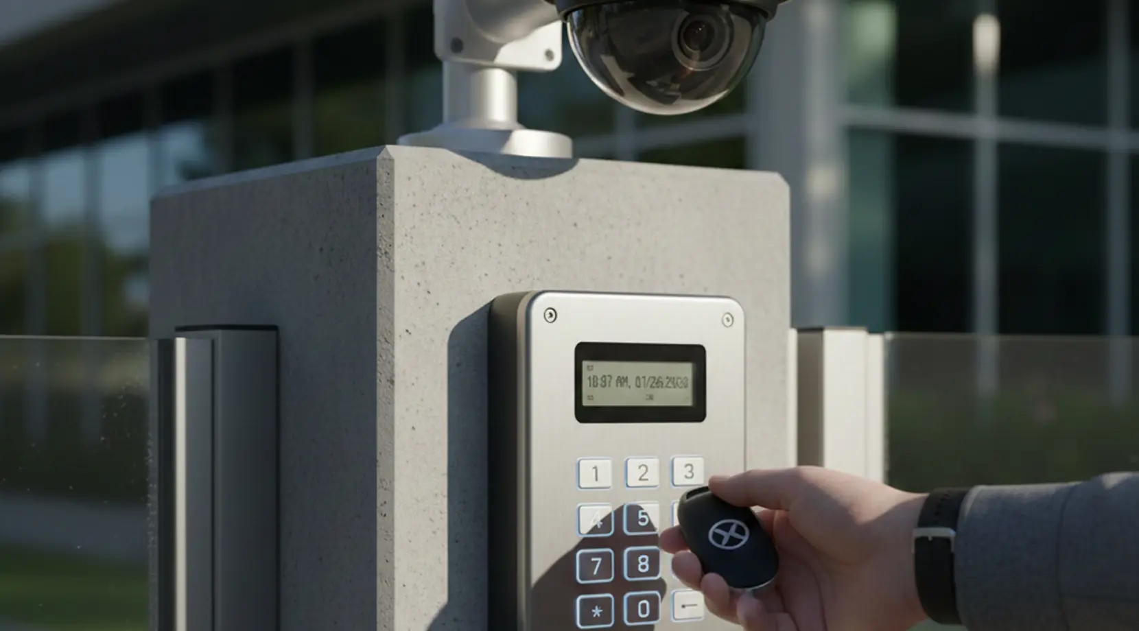 Key fob access at a gated keypad and camera, the kind of entry you see at storage units in vancouver.