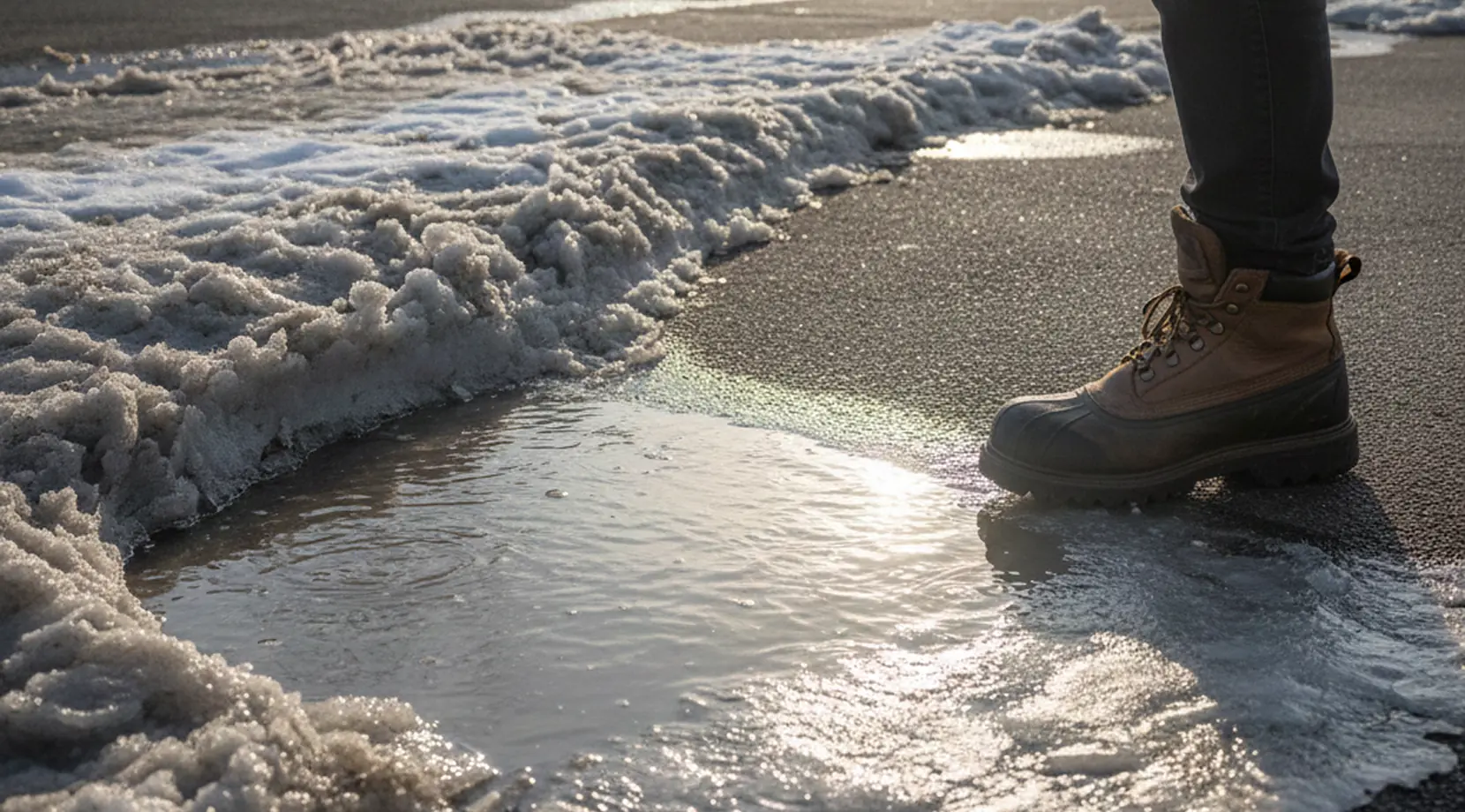 Close-up of winter boots near an icy puddle on pavement, showing slip hazards that professional movers Calgary winter plan around.