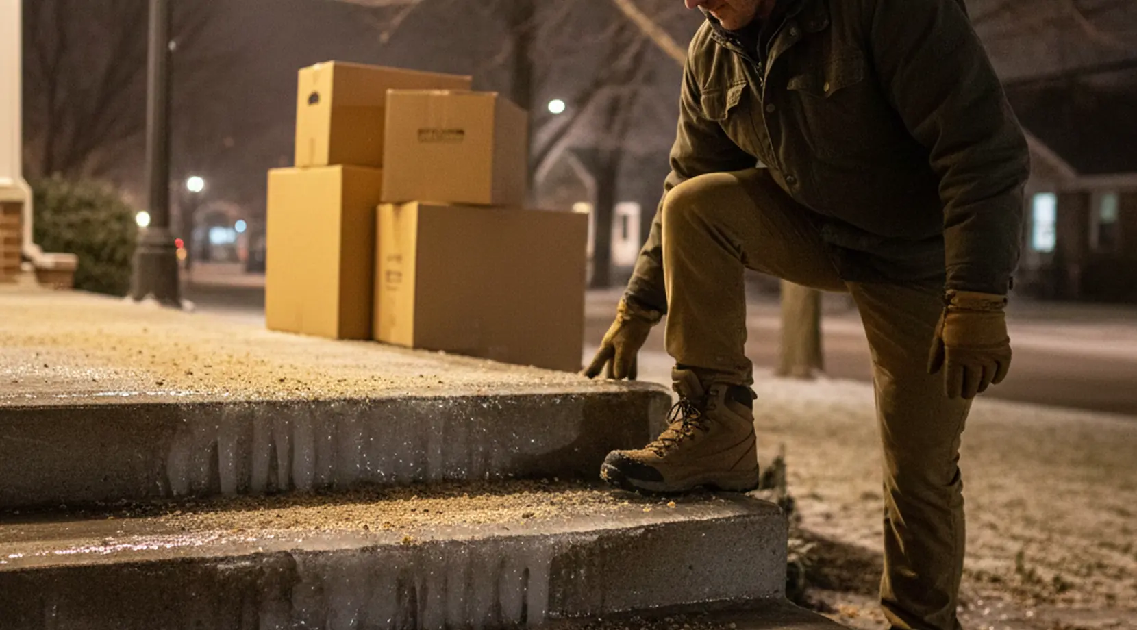 Person checking icy front steps beside stacked boxes during a Calgary winter move, highlighting calgary winter weather safety.