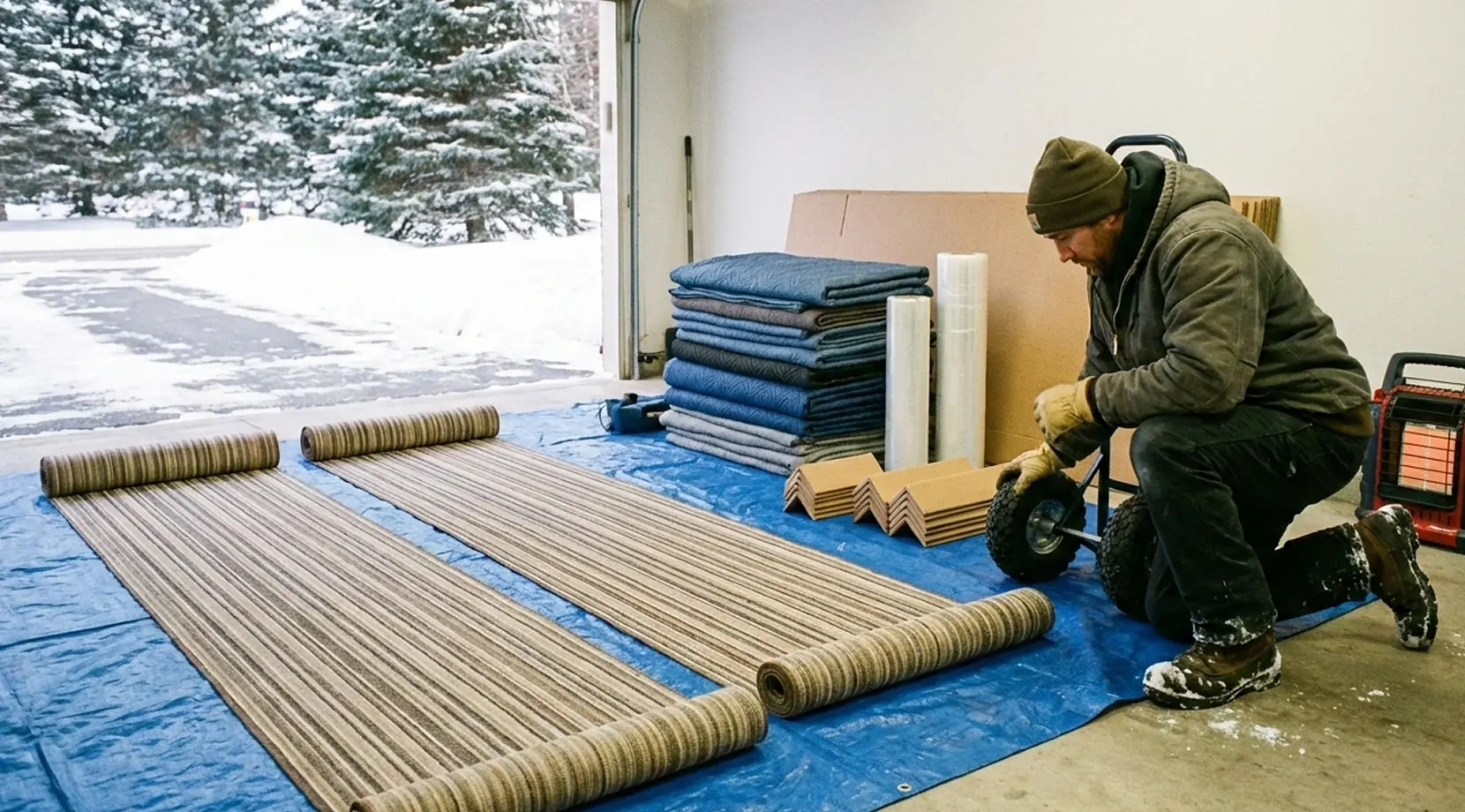 Garage packing setup with moving blankets, cardboard corner guards, and rolled runners laid out for winter moving in calgary.