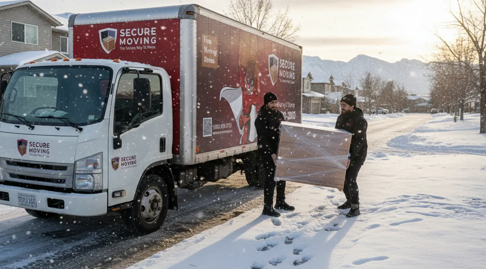 Secure Moving truck parked on a snowy Calgary street as movers carry a wrapped piece, showing Moving in Winter in Calgary conditions.