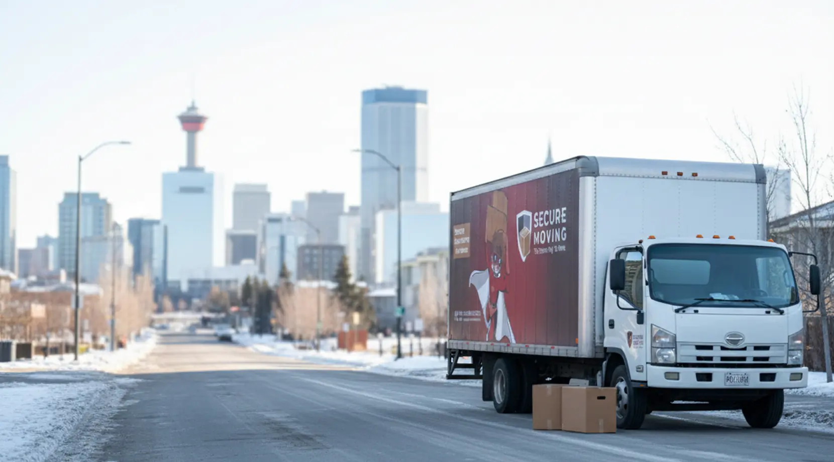 Secure Moving truck parked on a snowy road with the Calgary skyline in the background, showing the average weather in Calgary Canada during a move in Calgary.