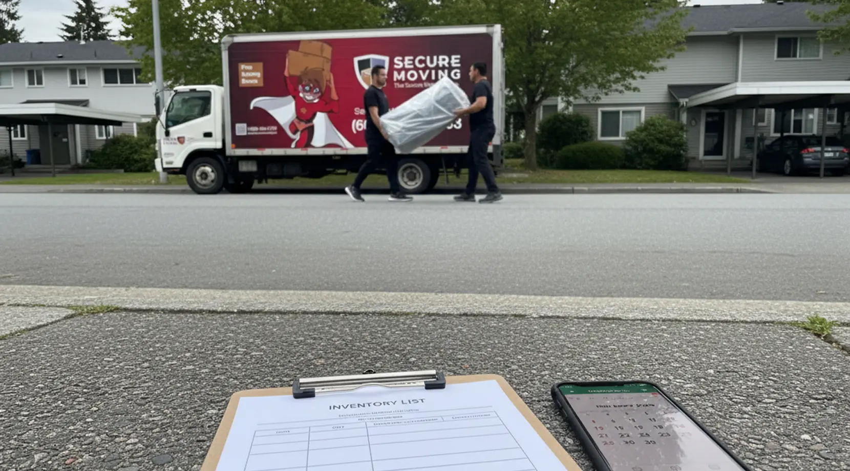 Crew carrying a wrapped sofa past a moving truck, with an inventory checklist for vancouver to halifax movers and planning the moving truck size for vancouver to halifax.