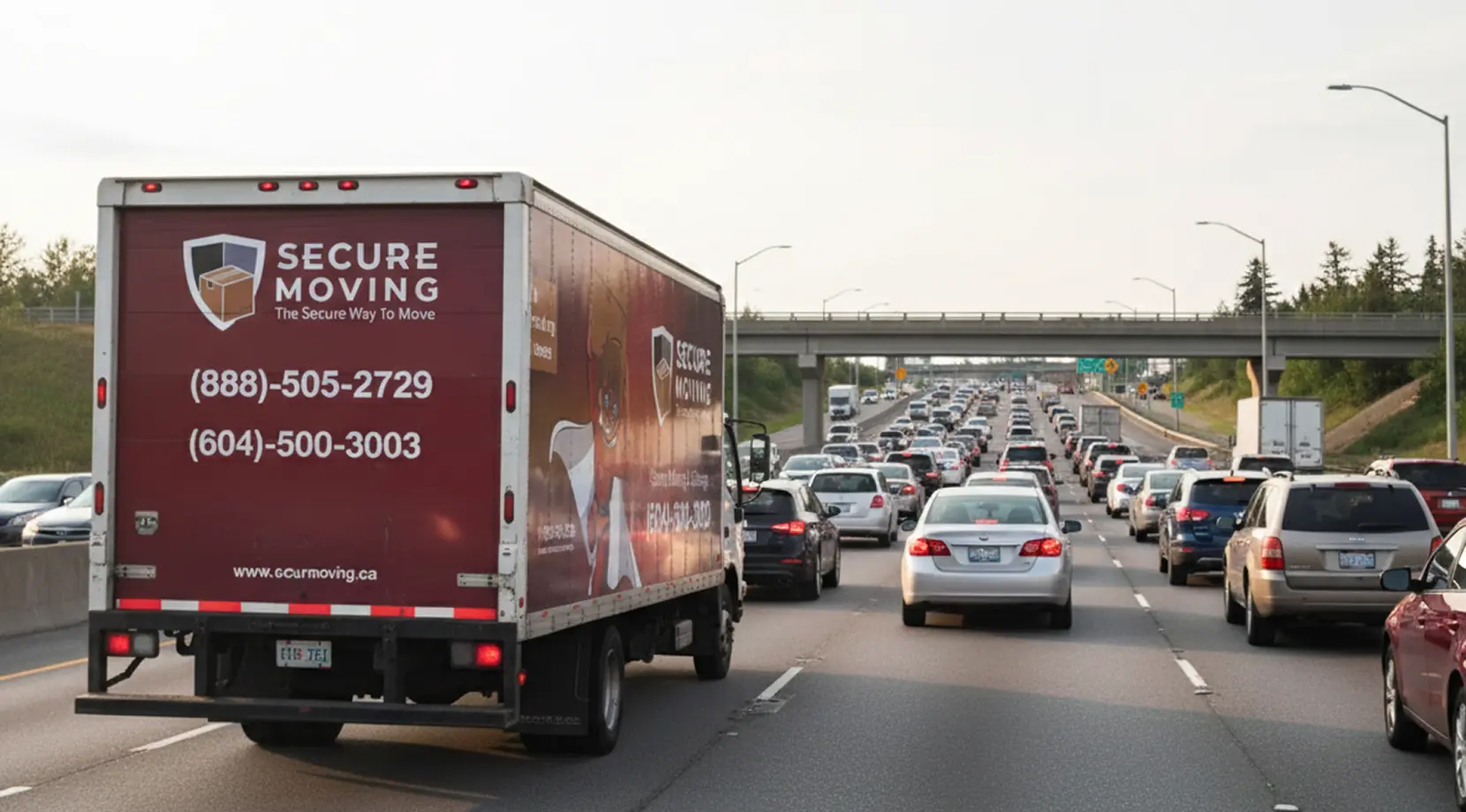 Secure Moving truck stuck in heavy highway traffic, showing moving demand Canada and the best time to move cross-country in Canada.