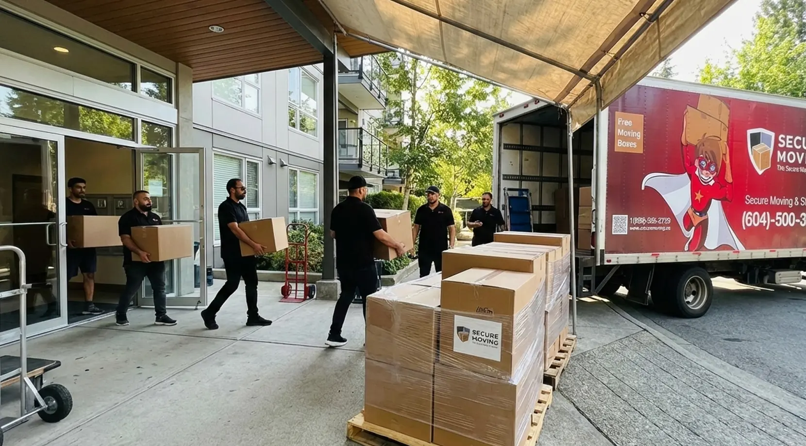Movers load labeled boxes onto a Secure Moving truck outside an apartment building, showing temporary storage options between moves in vancouver.