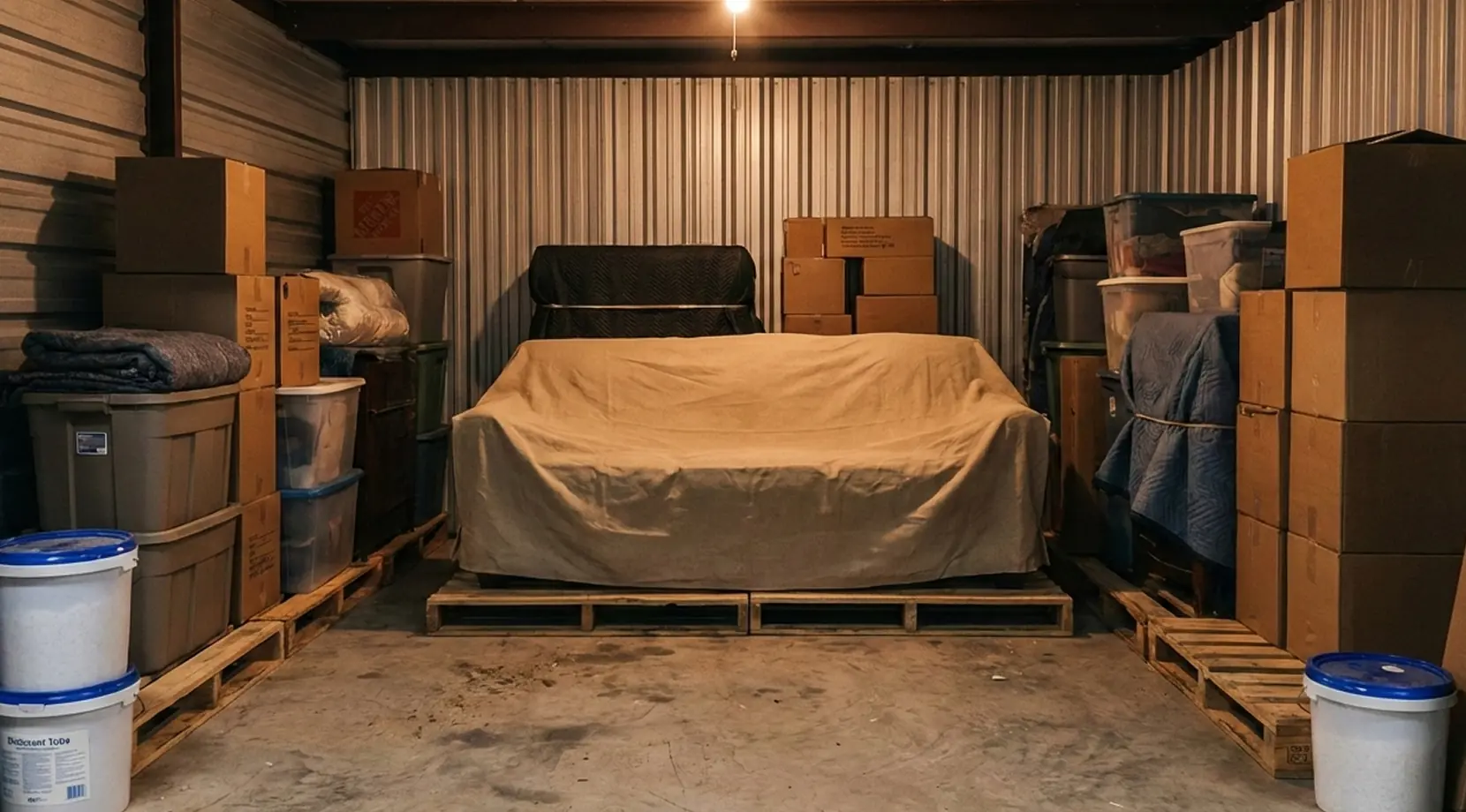 Storage unit packed with boxes and bins around a covered couch on pallets, illustrating Temporary storage between moves cost in vancouver planning.
