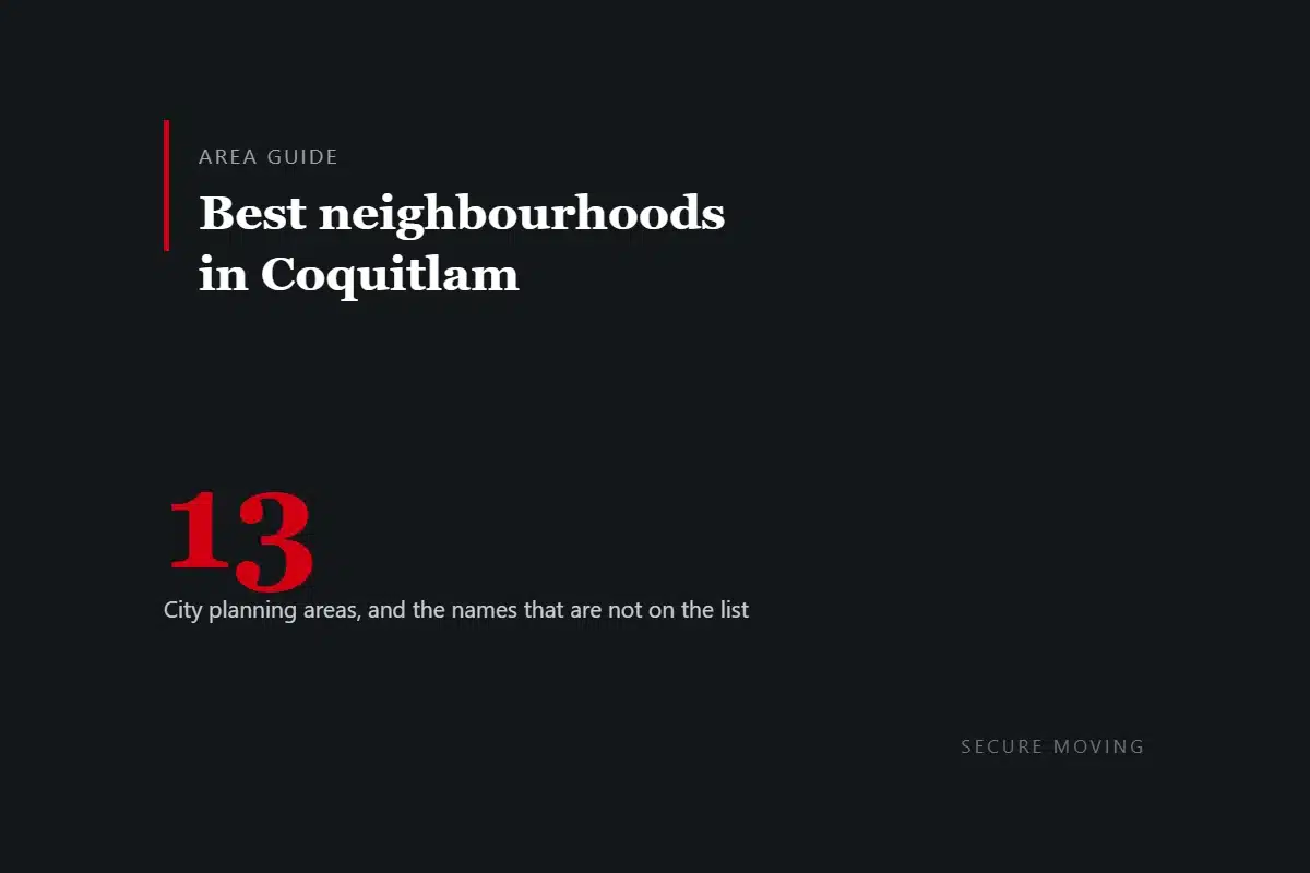 Dark card reading: best neighbourhoods in Coquitlam, with the figure 13 city planning areas