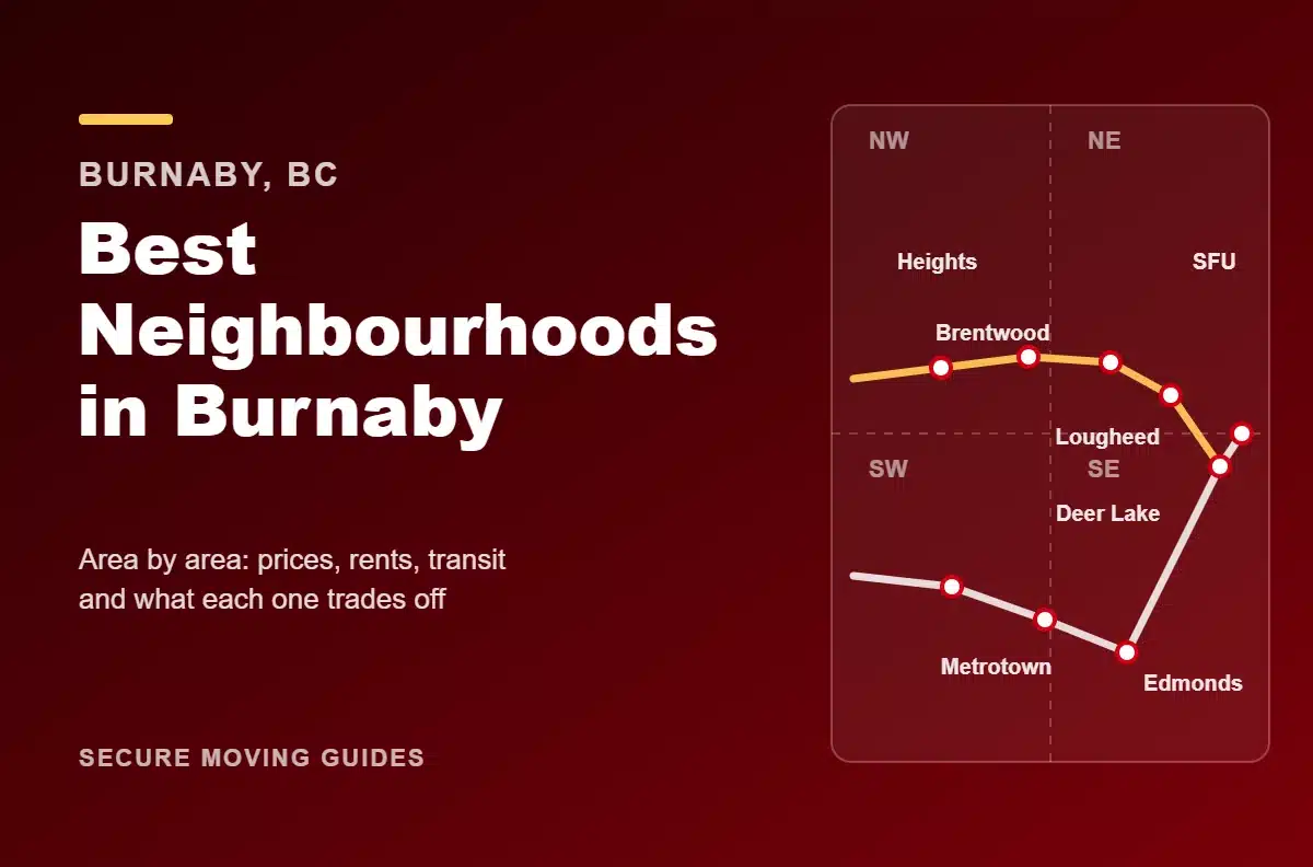 Best Neighbourhoods in Burnaby guide cover with a simplified map of the four quadrants and the two SkyTrain lines
