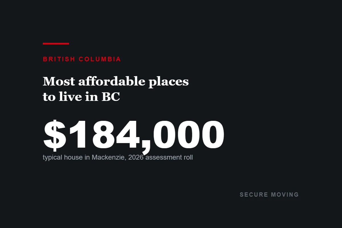Dark card reading 184,000 dollars, the typical assessed value of a house in Mackenzie BC on the 2026 roll